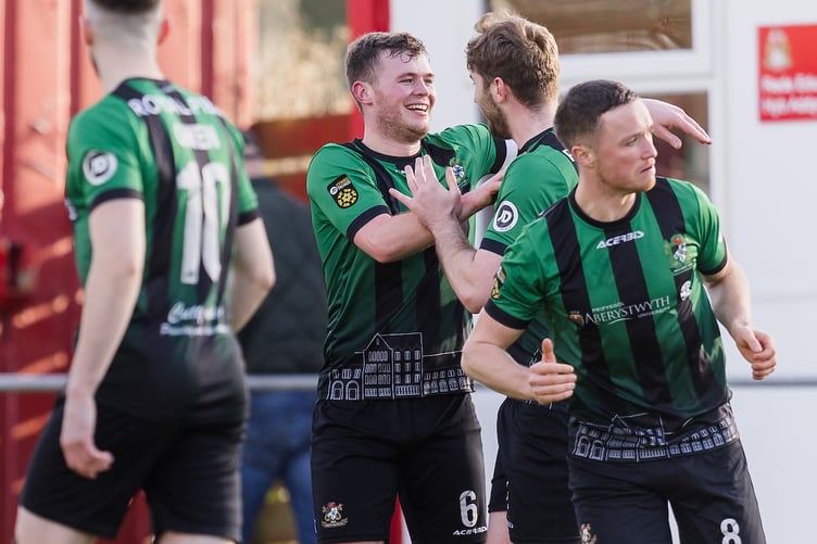 PORT TALBOT, WALES - 01 FEBRUARY 2025: Aberystwyth Town's Jack Thorn scores and celebrates 0-1 during the 2024/25 JD Cymru Premier Play-Off Conference league fixture between Briton Ferry Llansawel A.F.C & Aberystwyth Town F.C at Old Road Stadium, Port Talbot, Wales (Pic by John Smith/FAW)