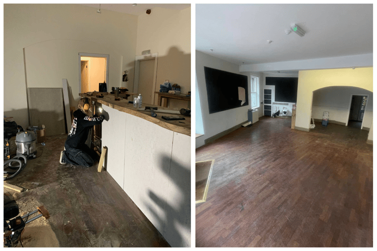 (Left) Jinn building the bar. The building was formerly Polly's Shop.