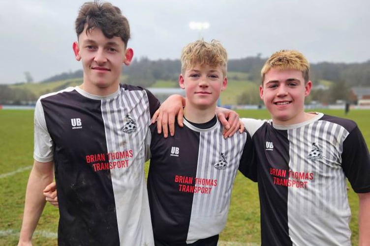 Lampeter Town's 16-year-old goascorers, Hugo Alberski-Douglas, Dion Deacon-Jones and Hari Jones