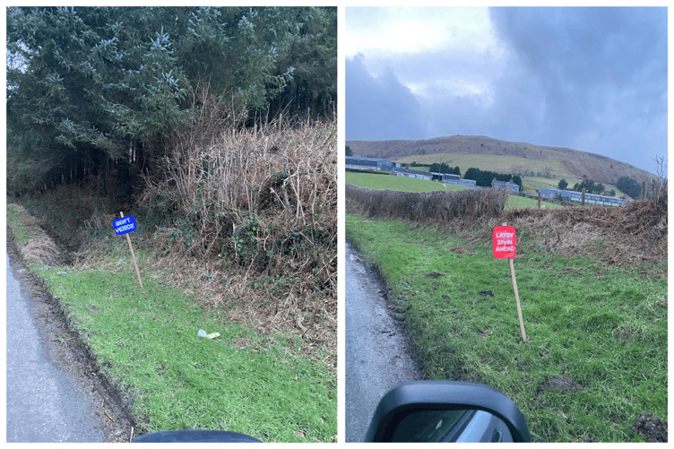 Some of the makeshift signs along the B road through Bont Dolgadfan