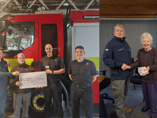 Knitters and firefighters donate to Aberystwyth RNLI 