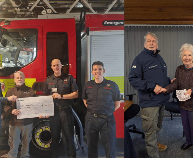 Knitters and firefighters donate to Aberystwyth RNLI 