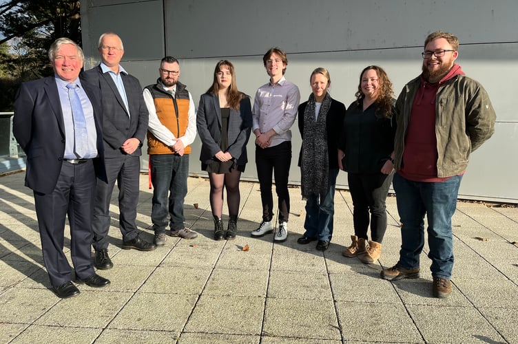 Left to right:  Charles Robertson (Ann Robertson’s son), Professor Jon Timmis (Vice Chancellor, Aberystwyth University), David Skelton (recipient), Ellen Ziu (recipient), Trenten Roberts (recipient), Maggie Robertson (Ann Robertson’s daughter), Fiona Robertson (Ann Robertson’s granddaughter) and Michael Robertson (Ann Robertson’s grandson) 