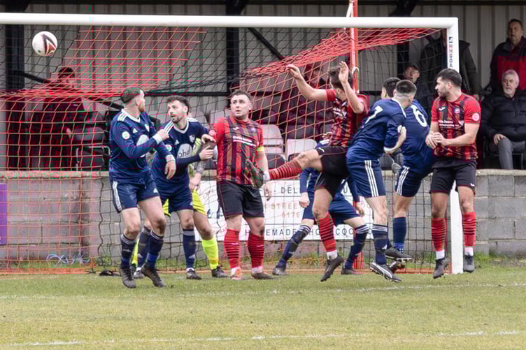 Goalmouth action from Porthmadog's 2-2 draw at the Traeth on Saturday (Photo: Jeff Guile)