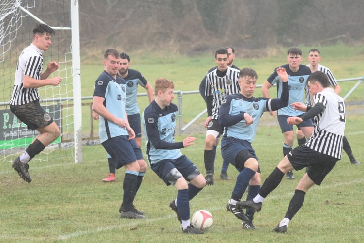 Goalmouth action from Bow Street's 2-1 win against Penycaae (Photo: Bev Hemmings)