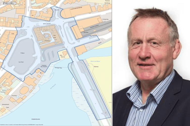 The enforcement area in Pwllheli, left, and Cllr Dilwyn Morgan. Images: North Wales Police and Gwynedd Council