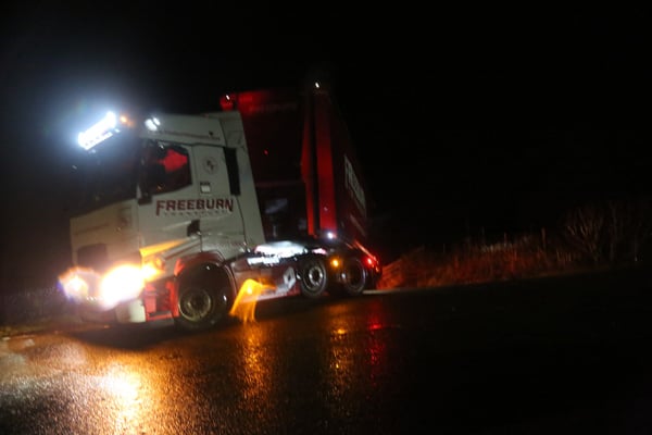 A HGV forced to do a many-pointed turn after ignoring the Talerddig A470 road closure signs on 27 January