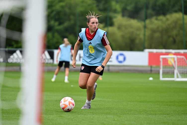 CARDIFF, WALES - 09 JULY 2024: Wales' Mared Griffiths during a training session at the Vale Resort in Cardiff on the 9th of July 2024. (Pic by Ashley Crowden/FAW)