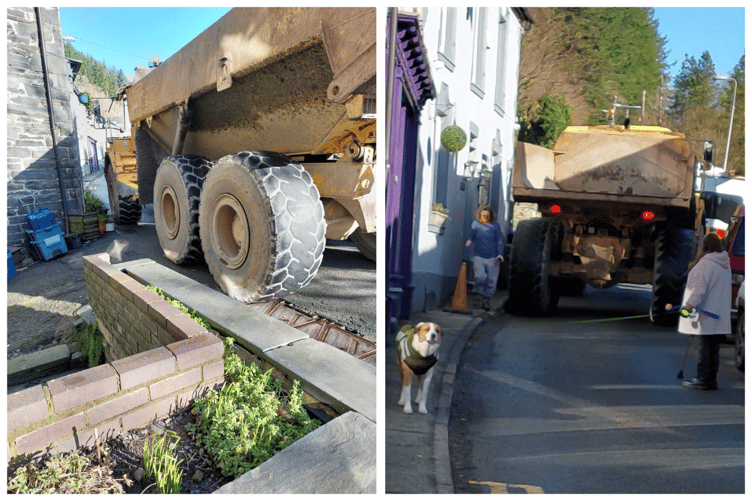 Corris resident Wayne Colquhoun recently snapped these pictures in early February of a lorry getting stuck for nine minutes on the Corris main road - the same road the timber lorries would use