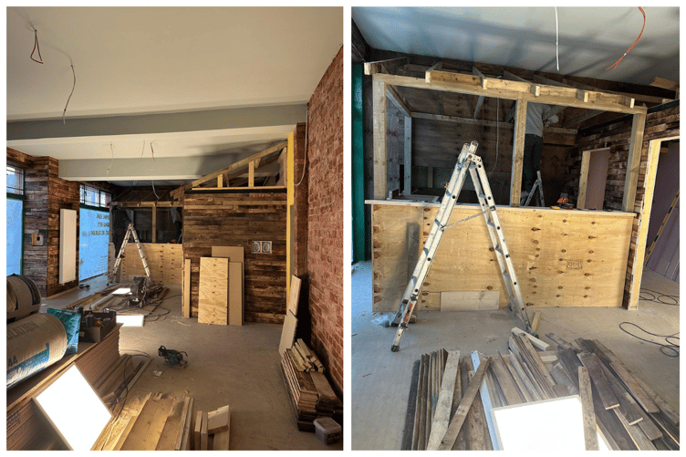 The new restaurant is a work in progress - but will feature a new bar upstairs and reclaimed wood panels on the walls