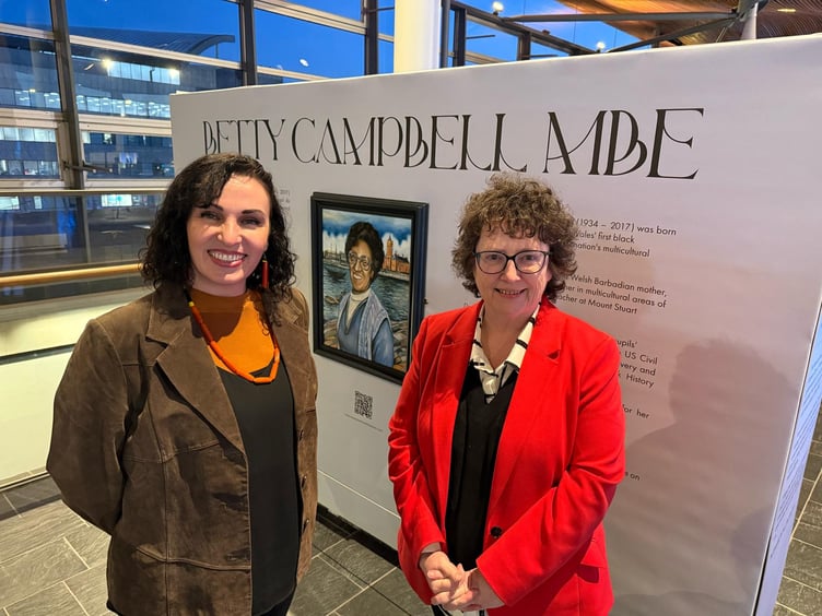 Artist Meinir Mathias and Elin Jones MS at the official opening of the exhibition at the Senedd
