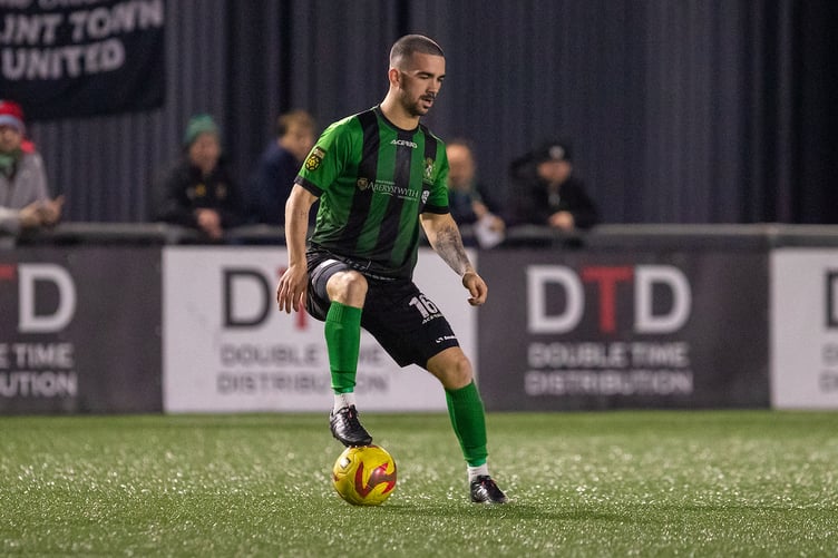 FLINT, WALES - 7TH MARCH 2025: Aberystwyth Town's Ben Davies during the JD Cymru Premier fixture between Connah's Quay Nomads and Aberystwyth Town at the Essity Stadium, Flint. 7th of March, Flint, Wales (Pic by Nik Mesney/FAW)