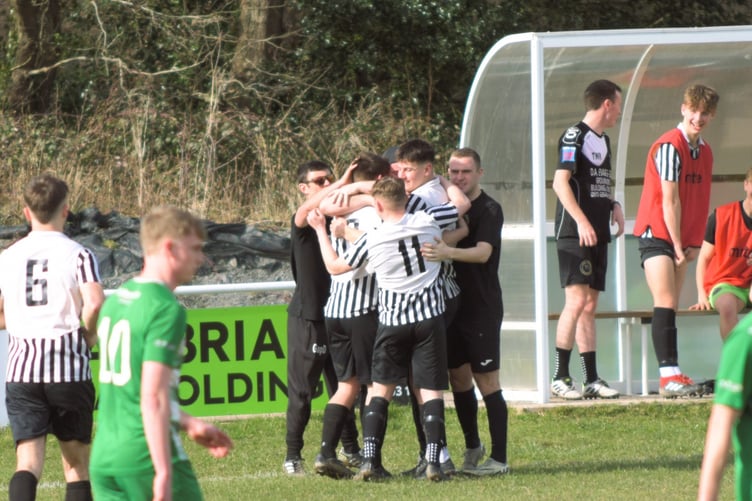 Bow Street celebrate taking the lead against Brickfield Rangers