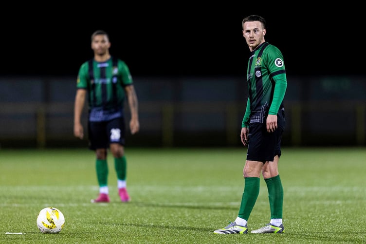 BARRY, WALES - 11TH MARCH 2025: 
Niall Flint of Aberystwyth in action.
Barry Town United v Aberystwyth Town in the JD Cymru Premier at Jenner Park on the 11th March 2025. (Pic by Lewis Mitchell/FAW)