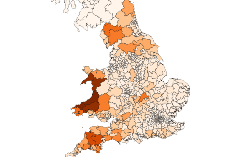 The map shows the constituencies showing the most hours of sewage overflow in dark brown, and the least hours of overflow in light brown