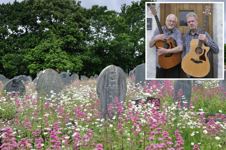 Alan Jenkns and Anthony Griffiths, inset, and flowers in Plascrug Cemetery, main