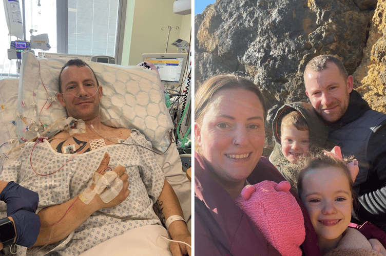 Gareth Jones in hospital, left, and with wife Toni and family, right