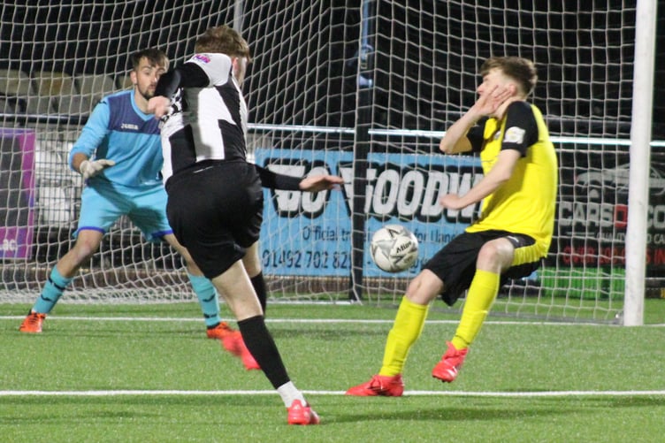 Harri Jones gives Llandudno the lead (Photo: Stuart Townsend)