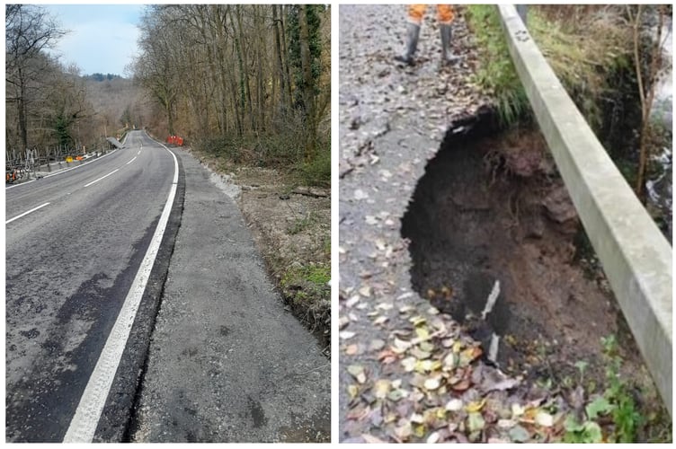 (left) The works to the road have now been completed, (right) a section of the collapsed road