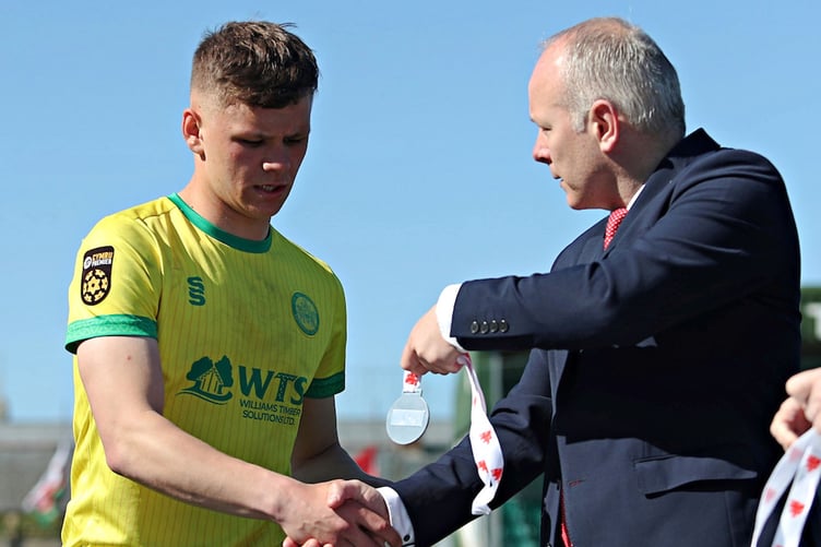 ABERYSTWYTH, CEREDIGION, WALES - 6th APRIL 2025 - Osian Evans of Caernarfon after Caernarfon Town Development vs Haverfordwest County Development in the Final of the FAW Youth Cup at Park Avenue, Aberystwyth (Pic by Sam Eaden/FAW)
