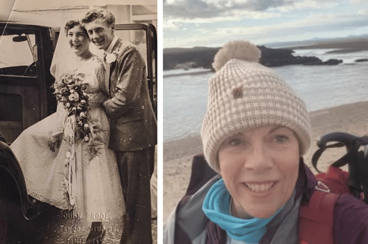 Kate Dunn, right, and her parents on their wedding day, left