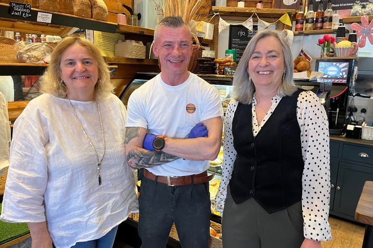 Delyth Lloyd Griffiths, (caseworker for Liz Saville Roberts), Liz Saville Roberts MP, and Daniel Kuczynski from DDs Bakery and Sandwich Bar