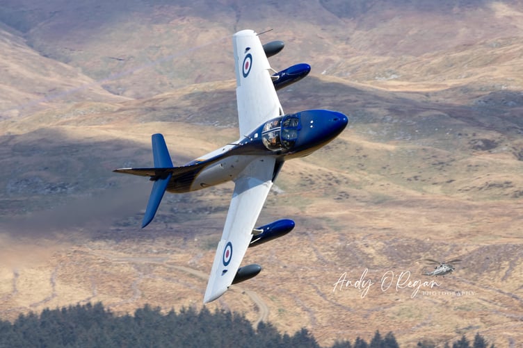 Tywyn-based photographer, Andy O'Regan, took this fantastic photograph.
Commenting on the photograph, taken on 26 March, Andy said the XE688 Hawker Hunter is “a rare visitor” to Mach Loop.