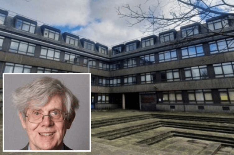 Main: The former Welsh Government Penrallt Building will provide up to 40 housing units. Photo: Gwynedd Council Housing Report). Inset: Cabinet Member for Housing and Property Cllr Paul Rowlinson. Photo: Gwynedd Council