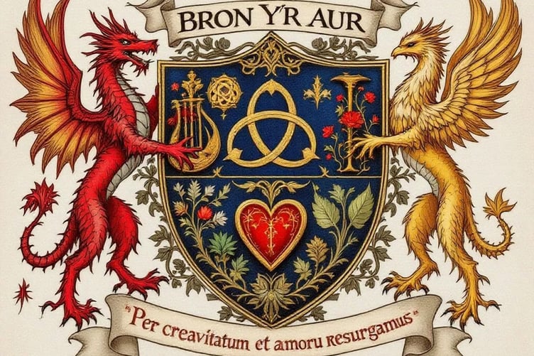 The Bron Yr Aur coat of arms - 'Let us rise again through creativity and love'