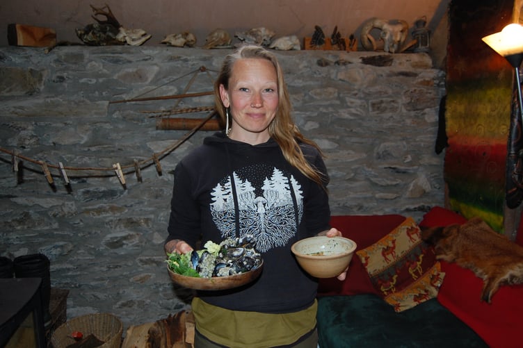 Kara Moses with her freshly prepared lunch of cooked mussels, fresh greens, lava bread with a mushroom and chestnut source