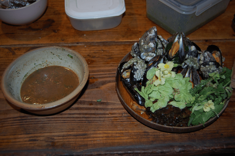 Her lunch included fresh mussels with a salad including  elm seeds, wild garlic, three-cornered leeks, nettles, marsh marigold, wilted dandelions, primrose flowers and leaves