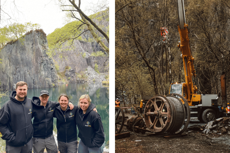 The Scuba Scape team, left, and moving the machine, right. Photos: Dave Phillips