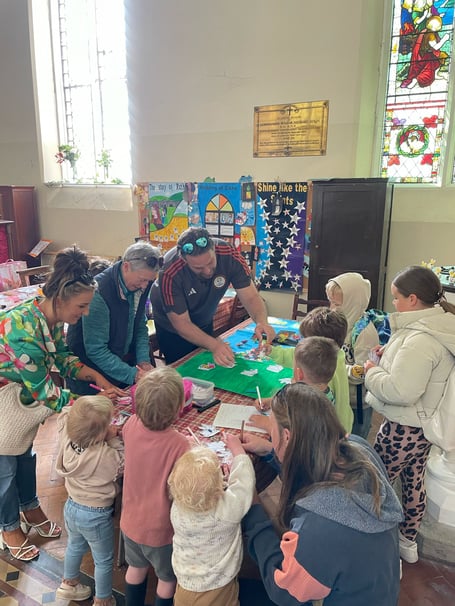 Children, parents and grandparents attended Messy Church at St. Peter's, Aberdyf on Easter Tuesday