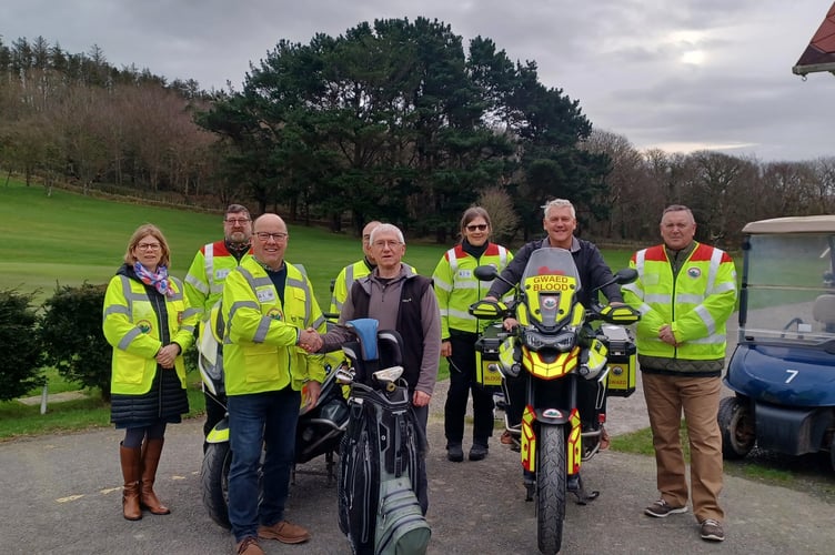 Members of Bloodbikes Aberystwyth, Meryl Leeman, Graham Hughes, Mathew Leman, Jimmy Hau, Martin Lewis (outgoing Captain) , Vicky King, David Houghton ( incoming Captain) & Mark Weller