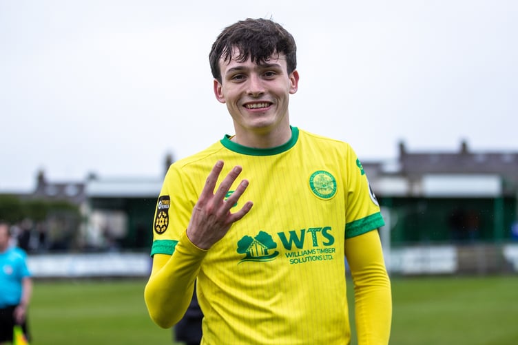 CAERNARFON, WALES - 26 APRIL 2025: Caernarfon Town's Louis Lloyd celebrates his four goals at full time following the JD Cymru Premier Playoff fixture between Caernarfon Town and Barry Town United at the Carling Oval, Caernarfon, Wales (Pic by Nik Mesney/FAW)
