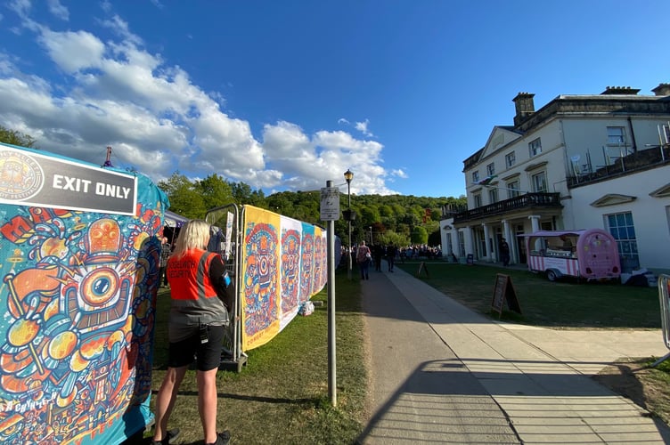 Bag checks and ticketing at the Big Top for this year's Machynlleth Comedy Festival