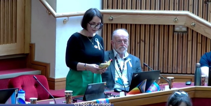 Gwynedd Cllr Beca Brown raising a notice of motion during the full council meeting In Cyngor Gwynedd_'s Dafydd Orwig chamber. Image: Screenshot by Dale Spridgeon LDRS