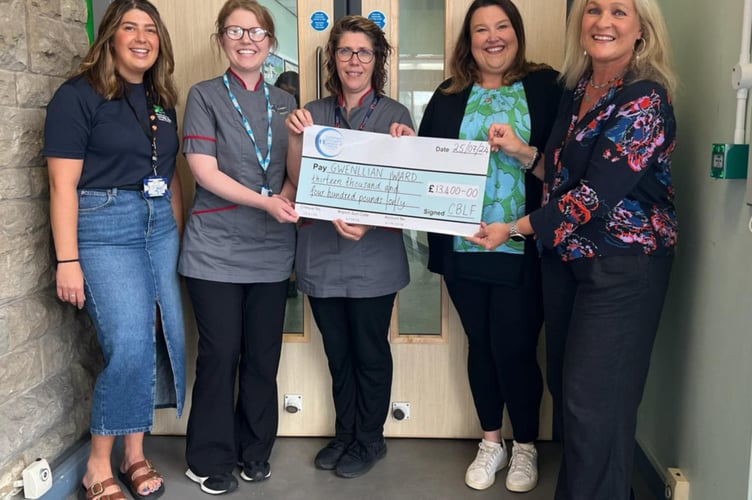 Paige Denyer, administration officer, Cerian Llewellyn, Interim Head of Midwifery, and Emma Booth, Clinical and Operational Lead Midwife, with Rhian Davies and Elinor Powell from Cyfeillion Bronglais League of Friends. Photo: Julie McNicholls Vale (Julie McNicholls Vale)