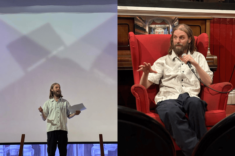 Brian Swaddling on the museum stage, left, and in conversation there about his film, right