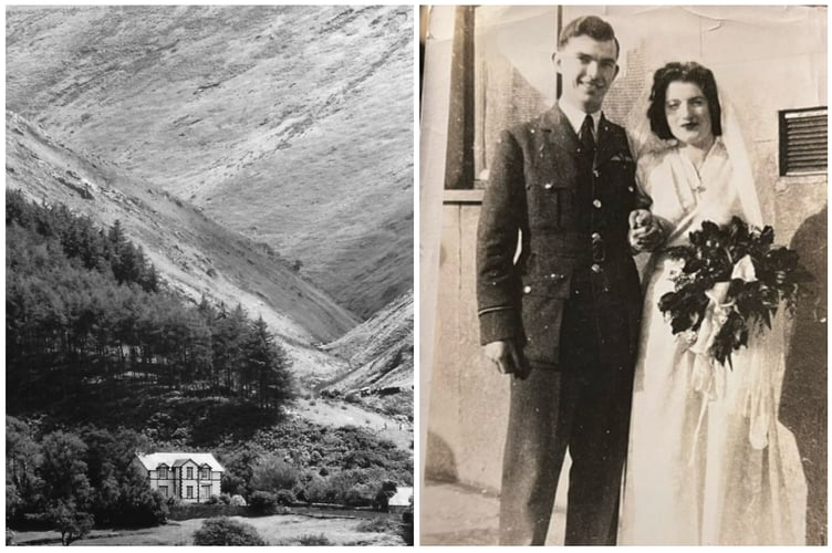 (left) Brynglas farm where Eirys grew up, (right) George and Eirys Brobyn on their wedding day in February 1944