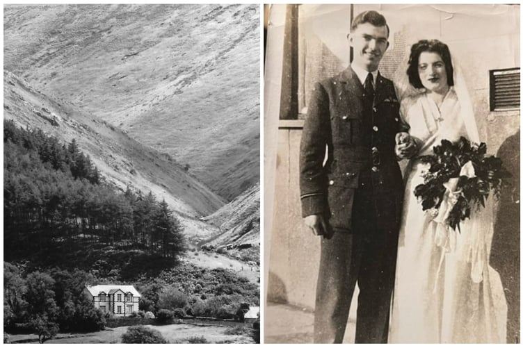 (left) Brynglas farm where Eirys grew up, (right) George and Eirys Brobyn on their wedding day in February 1944