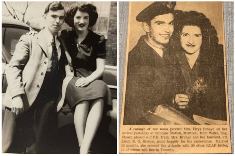 (left) George and Eirys Brobyn, (right) a newspaper clipping documenting military families returning to Canada following World War II