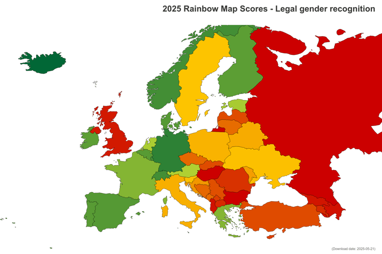 The IGLA Rainbow Map for 2025 - showing the UK ranks 29th out of 32 rankings for legal gender recognition amongst 49 European countries, now ranking similarly to Georgia and Albania. Russia comes 32nd, whilst Iceland, Malta and Germany come first, second and third for legal gender recognition.