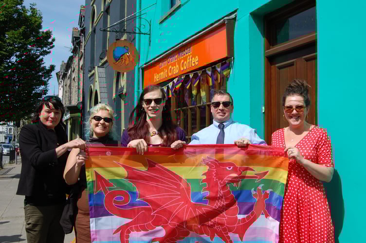 MP Steve Witherden with Machynlleth Councillor Kim Bryan and Balchder Machynlleth Pride committee members Sienna, Bea, and Sara