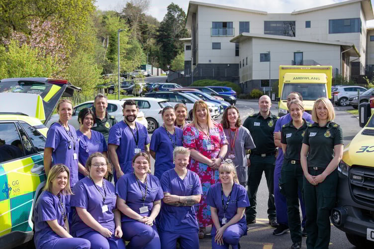 Aberystwyth University student nurses with NHS staff outside the Healthcare Education Centre 
