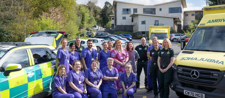 Aberystwyth University student nurses with NHS staff outside the Healthcare Education Centre