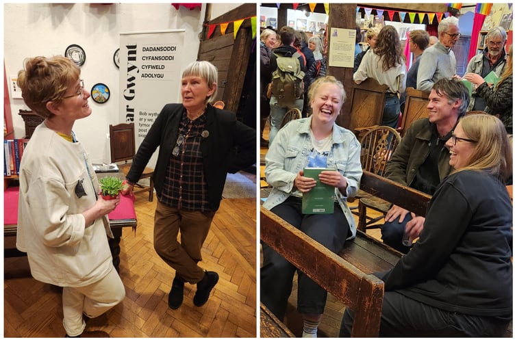 Alys Fowler with Pen'rallt Bookshop manager Diane Bailey (left) with some happy customers at the book launch (right)