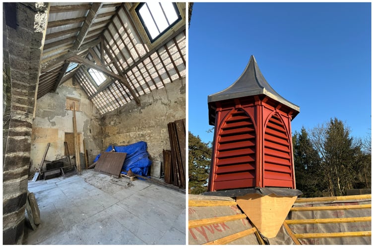The roof repairs and skylights fitted in the coach house (left) and the newly repaired cupola (left)