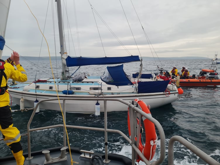 New Quay RNLI and Cardigan RNLI with yacht in distress. Photo: New Quay RNLI