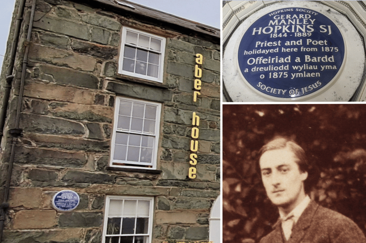 The blue plaque on Aber House, close up, and Gerard Manley Hopkins